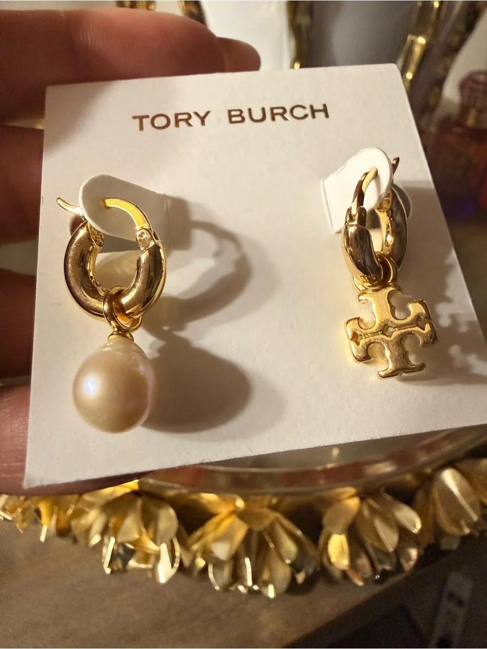 Tory Burch Gold Hoop Earrings with Pearl Drop and Logo Charm